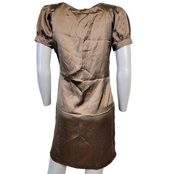 Vintage 90s Satin A-line Mini Dress Women Small Brown Pockets Soft 4 6 S Boho S - Picture 6 of 14